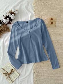 Tseoso 女款新款棉感霧藍色 95% 棉半鈕扣前襟 T-Shirt，四季百搭居家穿著 - 霧霾藍 - 查看 8