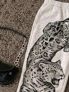 SHEIN EZwear 女款休閒街頭風 Free People 風格 Alt 低腰直筒運動長褲，獨特復古豹紋，日常穿搭，Ibiza 風情，淺灰色，夏季款 - 彩色 - 查看 4