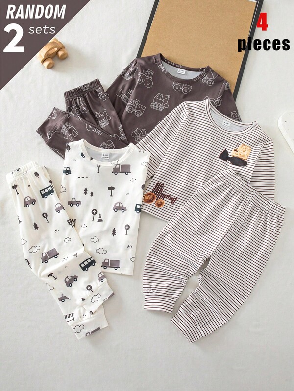 [3 Sets Randomly Send 2 Sets]Autumn/Winter Knitted Round Neck Thin Long Sleeve Long Pants Regular Fit Line Drawing Car Pattern Digital Print 4-Piece Set Top And Bottom Combination Pajamas Homewear