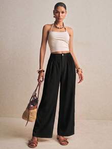 Poéselle 女款純色百褶設計口袋寬腿長褲 度假黑色秋季休閒 - 黑色 - 查看 7
