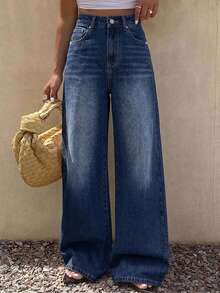 DAZY Women's Fashion Versatile Button Pocket Wide Leg Denim Jeans - Blue - View 6