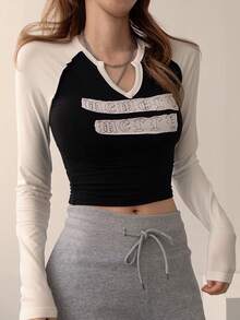 DAZY Women's Letter Pattern Colorblock Casual Everyday Long Sleeve T-Shirt - Black and White - View 6