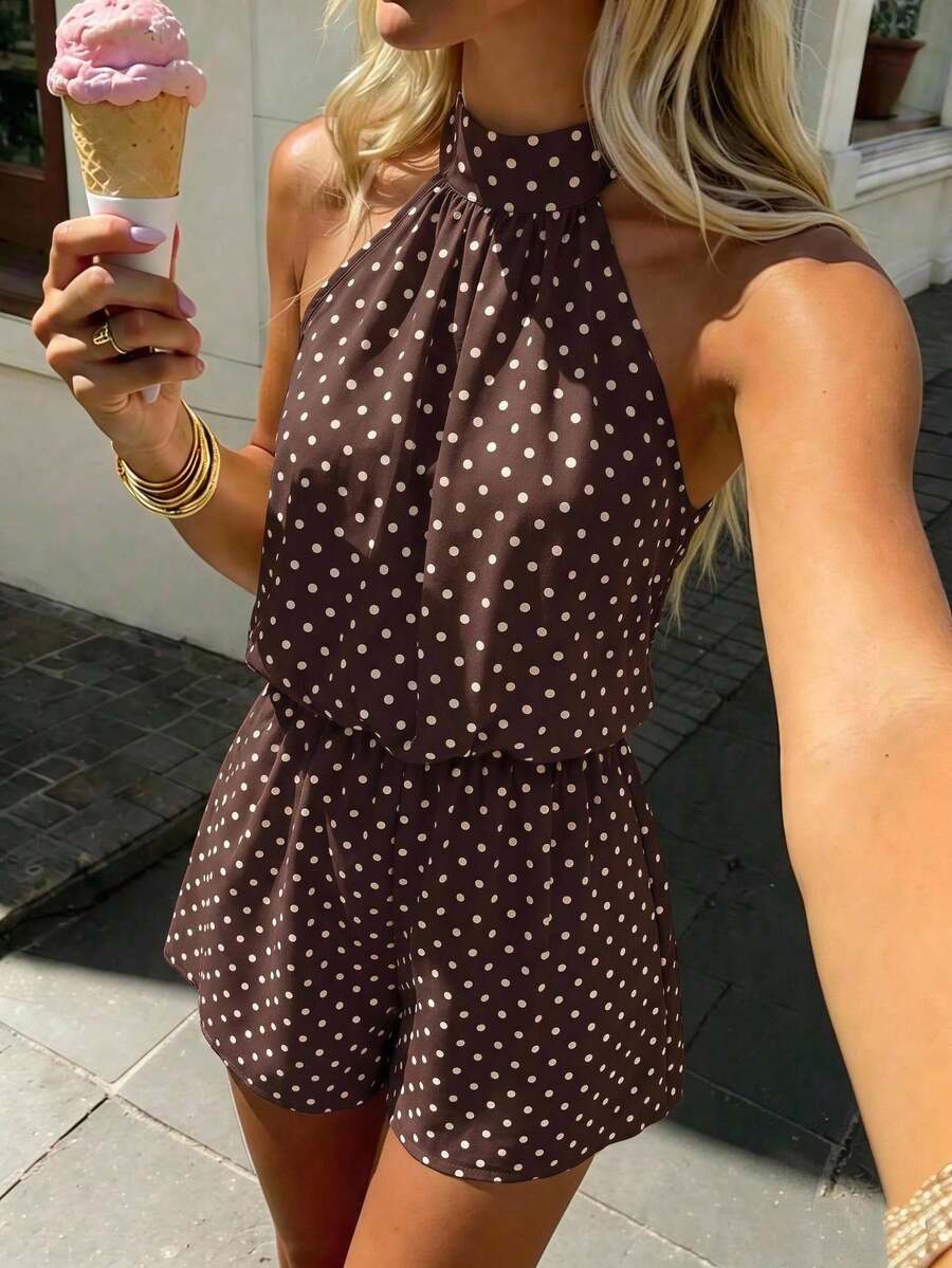 KARISMINA 女款法式度假風波點印花抓皺腰掛脖繫帶連身褲,棕色與白色波點,夏季休閒復古早午餐風 - 棕色 - 查看 1