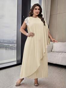 Modelyn Plus Size Women's Faux Pearl Decor Long Top And Pleated Skirt Casual Daily 2-Piece Set - Apricot - View 8