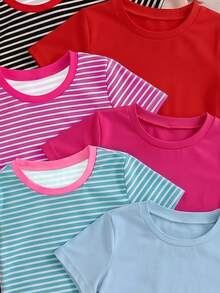 7 piezas de camisetas casuales de tacto suave para niñas jóvenes, diseño sólido/rayado, adecuadas para verano, regreso a la escuela, primavera, otoño, invierno, diseño sólido+rayado con cuello en contraste, estilo americano, se envían 2 piezas al azar - Multicolor - Ver 5
