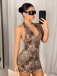 SHEIN ICON 女款時尚豹紋拉鍊掛脖性感洋裝 - 酒紅色 - 查看 5