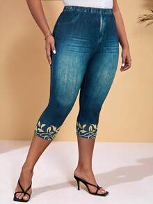 BrightlyHer Plus Denim-Effect & Floral Print Summer Outfits Leggings - Teal Blue - View 5