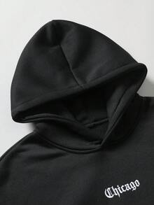 PAVTROS 男士青年街頭休閒毛巾刺繡連帽衛衣與運動長褲套裝 - 黑色 - 查看 4