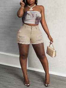 Slaydiva Plus Size Women Pockets Distressed Raw Hem Casual Denim Shorts - Khaki - View 8