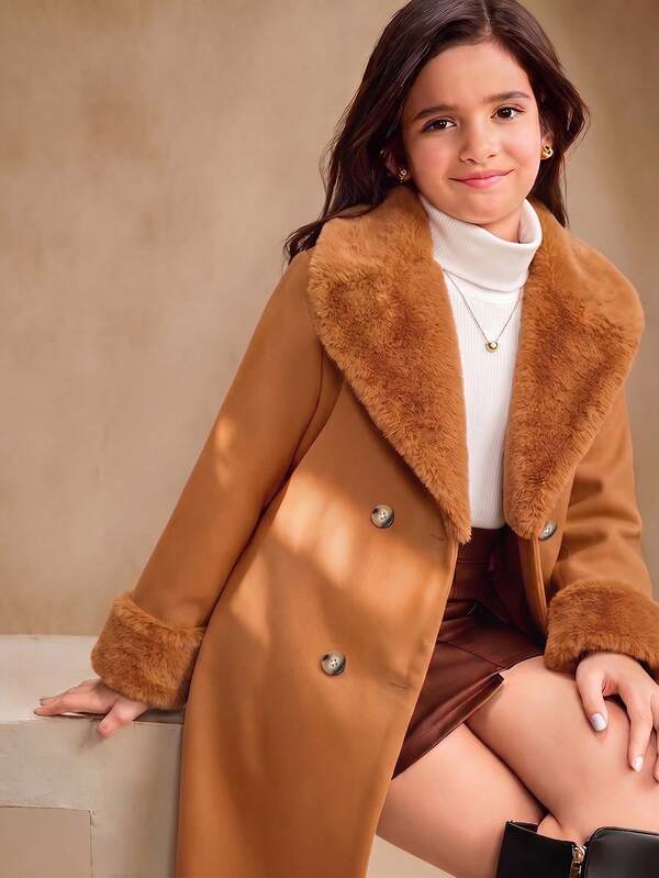 SHEIN Sparklyn Winter Clothes,Winter Set,Winterclothes For Tween Girl,Autumn Clothes,Halloween, Christmas Clothes,Tween Girl Solid Color Fur Collar Double-Breasted Casual
