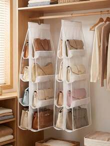 1 Piece Multi-Pocket Clear Mesh Hanging Handbag Organizer, Dustproof Hanging Purse Storage Rack, Space Saving Transparent Bag Collection Holder, Closet Wardrobe Storage Organizer For Handbags, Wallets, Ideal For Bedroom & Cloakroom Home Storage - White - View 9
