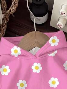 SHEIN EZwear 休閒可愛極簡風粉色花卉蛋花印花女款運動衫，秋季清新學院風，開學季、度假旅行、派對、教師穿搭 - 彩色 - 查看 4