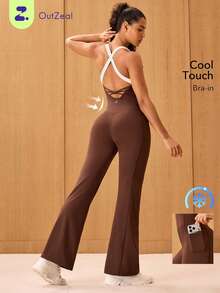 OutZeal Women Sports Jumpsuit Casual Yoga Gym Cool Touch UV Protection Bra-In With Removable Pads Crossover Back Flared Leg One-Piece Summer Spring - Brown - View 1
