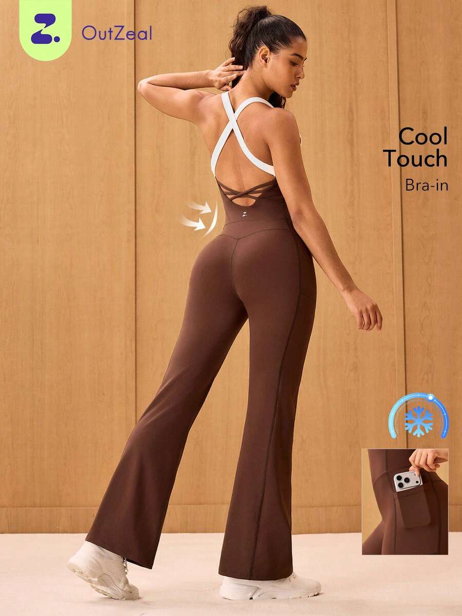 OutZeal Women Sports Jumpsuit Casual Yoga Gym Cool Touch UV Protection Bra-In With Removable Pads Crossover Back Flared Leg One-Piece Summer Spring - Brown - View 1
