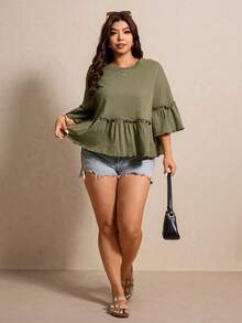 Elaquor Plus Size Solid Color Loose Fit Ruffle Trim T-Shirt Women's Tops And Blouses Casual Simple Boho Outfits Vacation Olive Green Summer - Green - View 1