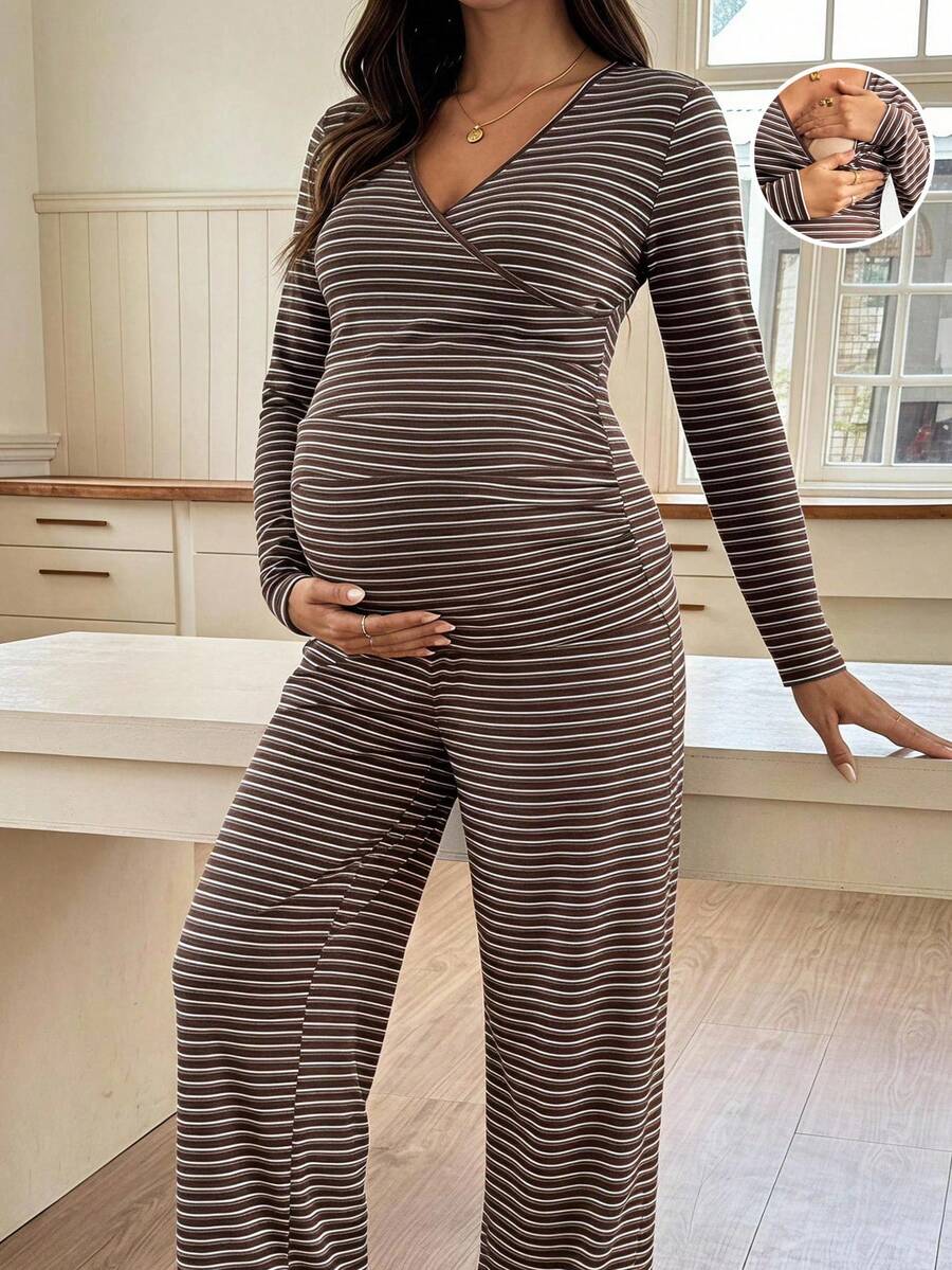 SHEIN طقم أمومة من قطعتين: ملابس علوية بأكمام طويلة مخطط باللون البني وبنطال - مناسب للرضاعة - أسلوب كاجوال خريفي - بني - مشاهدة 1