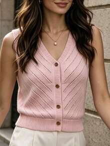 RosyDaze Cardigan fino sin mangas rosa casual y versátil - Rosa - Ver 3