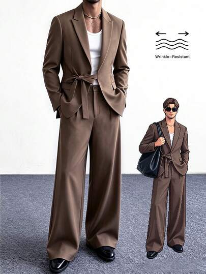 HUEFORM Men's Brown Tie Loose Fit Wide Lapel Blazer & Casual Wide Leg Suit Pants Set