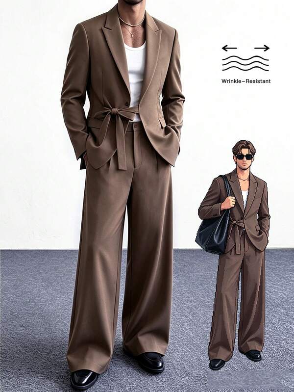 HUEFORM Men's Brown Tie Loose Fit Wide Lapel Blazer & Casual Wide Leg Suit Pants Set