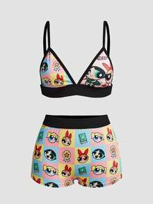 Chillnights THE POWERPUFF GIRLS X SHEIN 4pcs Plaid Camisole Bra & Hipster Panty Set - Multicolor - View 5