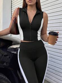 SHEIN Sports Girl Style Doll Half-Zip Line Design Sleeveless Top, Women's Colorblock Sports Tank Jacket - Black, Slim Fit Mock Turtle Neck Sleeveless T-Shirt With Zipper Design - Multicolor - View 1