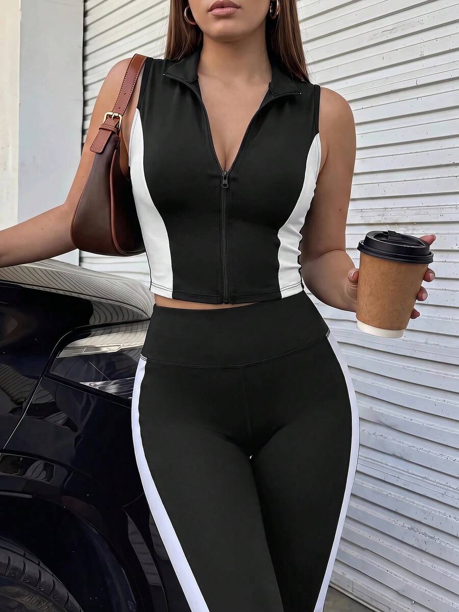 SHEIN Sports Girl Style Doll Half-Zip Line Design Sleeveless Top, Women's Colorblock Sports Tank Jacket - Black, Slim Fit Mock Turtle Neck Sleeveless T-Shirt With Zipper Design - Multicolor - View 1