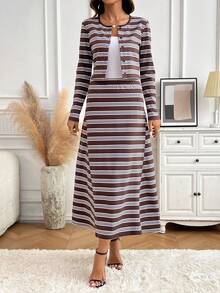 SHEIN Clasi 女款條紋長袖單排扣上衣與裙子休閒兩件套 - 彩色 - 查看 3