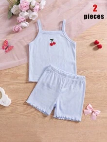 SHEIN 【1套隨機】女童春夏刺繡蝴蝶結細肩帶背心短褲內衣套裝（粉色/嬰兒粉） - 彩色 - 查看 8