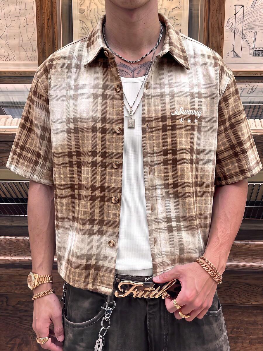 SWAVVY Men's Plaid Single-Breasted Embroidered Short Sleeve Shirt - Brown - View 1