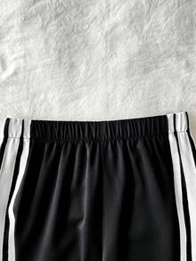 SHEIN 兒童青少年女孩休閒新款秋冬時尚海軍藍與白色條紋拼接長袖拉鍊外套與長褲兩件套，返校穿搭 - 黑色 - 查看 5