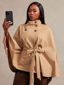 Radiana Plus Size Women's Autumn/Winter Versatile Black Tie-Waist Short Batwing Sleeve Cape Style Trench Coat Jacket Office Work Elegant Fall - Khaki - View 4