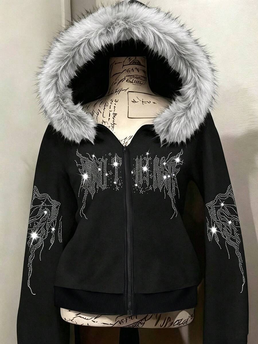 1pc Girls Dark Sweet Cool Style Thickened Hooded Zip-Up Sweatshirt Jacket With Faux Fur Collar, Rhinestone Letter, Fleece Lining, Loose Long Sleeve Sweatshirt Coat For Autumn/Winter - Black - View 1
