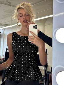 Serisse Spring/Summer New Black & White Polka Dot Sleeveless Tank Top For Women,Summer Top Elegant - Black - View 5