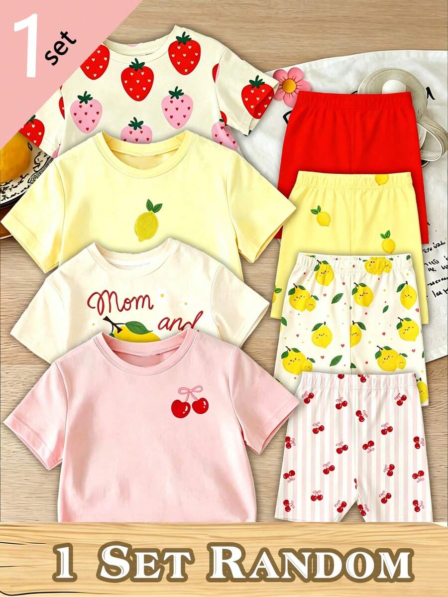 Souflis Souflis (4 conjuntos aleatorios, se envía 1 conjunto) Conjunto de camiseta corta básica y pantalones de ciclismo con estampado de limón, fresa y cereza lindo y fresco para niñas, atuendo atmosférico - Multicolor - Ver 1