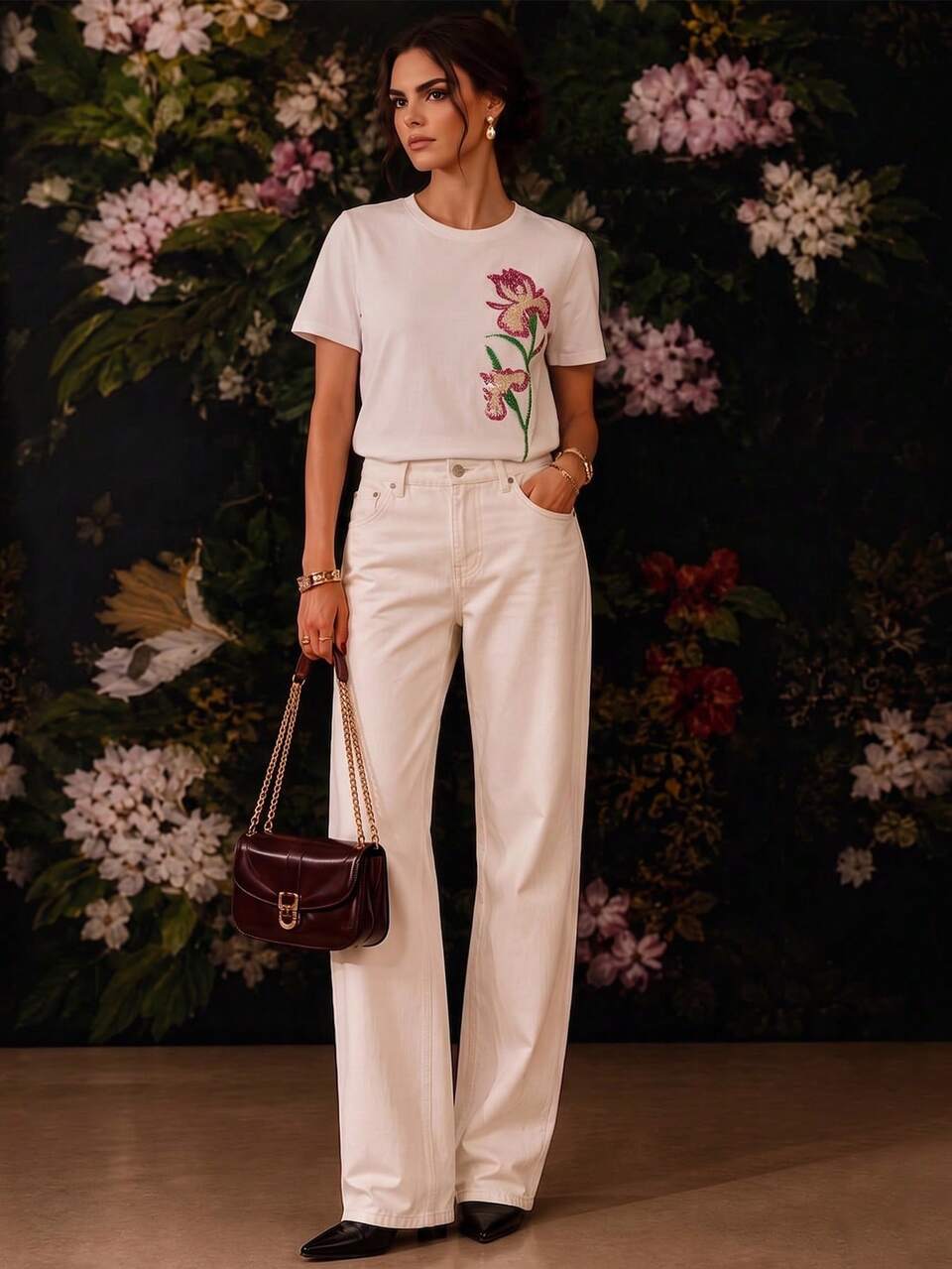 Anewsta Camiseta de mujer de primavera/verano de moda para vacaciones con bordado floral de cuentas, cuello redondo, manga corta, unicolor, casual, versátil, cómoda, 100% algodón puro