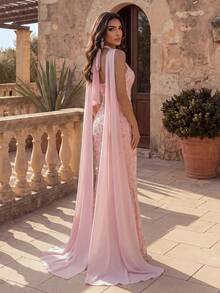 Coutiva Women's Sequin Embroidered Slim Fit Extra Long Evening Gown - Pink - View 3