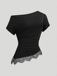 Sweetra Plus Size Women's Casual Commute Minimalist Sexy Asymmetric Neck T-Shirt - Black - View 3