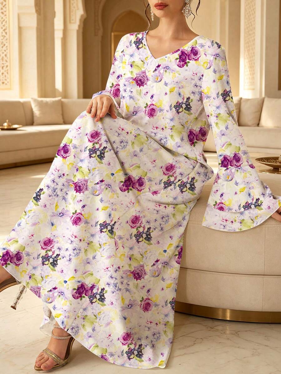 Al Najma 女款優雅V領荷葉袖大裙擺印花洋裝，精緻花卉圖案印花，保守風，聚酯纖維材質，適合居家、外出、度假、派對、聚會，飄逸復古長袖洋裝 - 彩色 - 查看 1