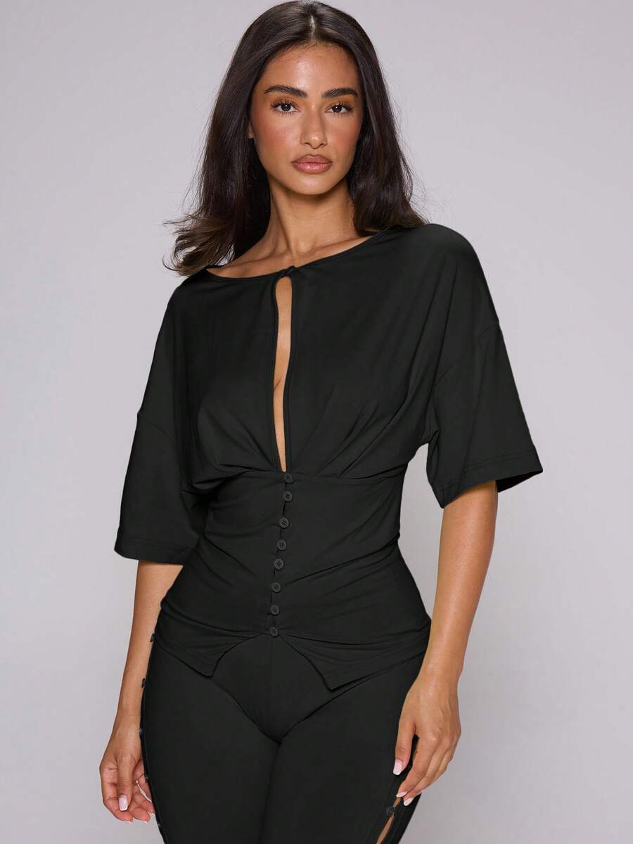 MUSERA Lime Green Button Through Wide Sleeve Open Front Top - Black - View 1