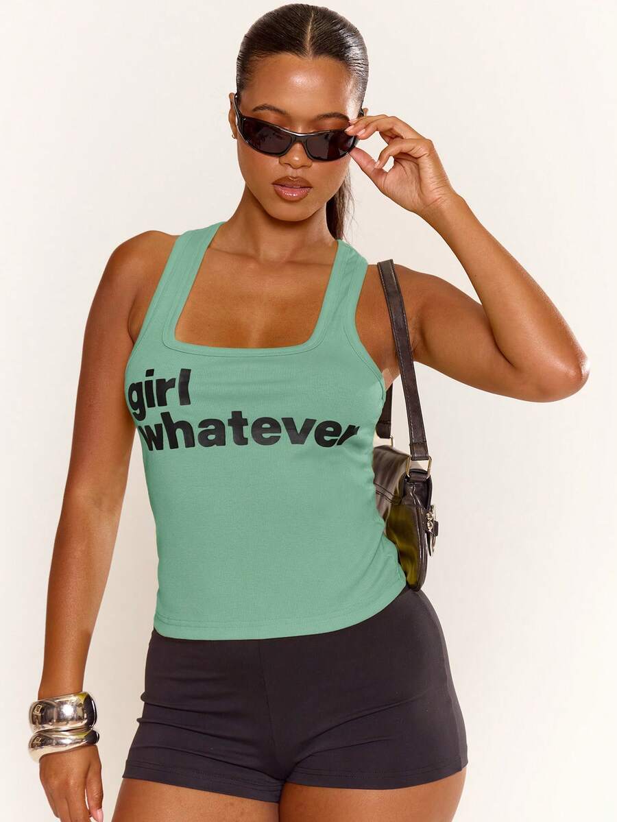 MUSERA Grafisch bedrucktes 'Girl Whatever' Tanktop Weste Gelb Frühling Sommer Urlaub Ferien Ibiza Elegant Lässig Karneval Festival Y2K - Minzgrün - Übersicht 1