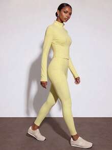 Zivah Women's Sportswear Set Zipper Long Sleeve Jacket & Long Pant With Pockets Gym Workout Activewear Outfit For Autumn Winter - Yellow - View 8