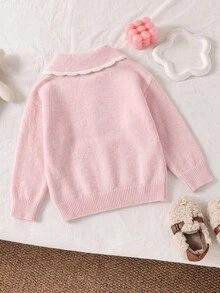 SHEIN Playful Pals 女童可愛蝴蝶結與小熊提花針織套頭毛衣，手工3D花朵裝飾，保暖舒適，適合秋冬日常穿著 - 粉色 - 查看 2