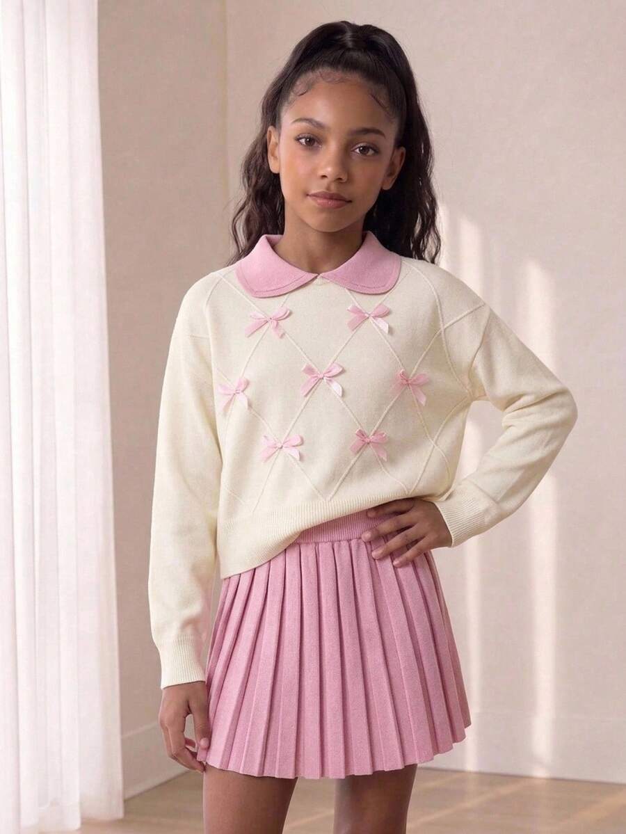 Tween Girl Sweater Set, Peter Pan Collar And Bow, Geometric Diamond Knit Pattern, Soft And Comfortable Fabric,Long Sleeve,Fall Winter Back To School - Pink - View 1