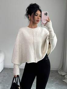 Elenzga Women's Autumn New Arrival Single Piece Round Neck Minimalist Elegant Short Knit Pullover Long Sleeve Sweater, Versatile For Daily Wear And Commuting - Apricot - View 1