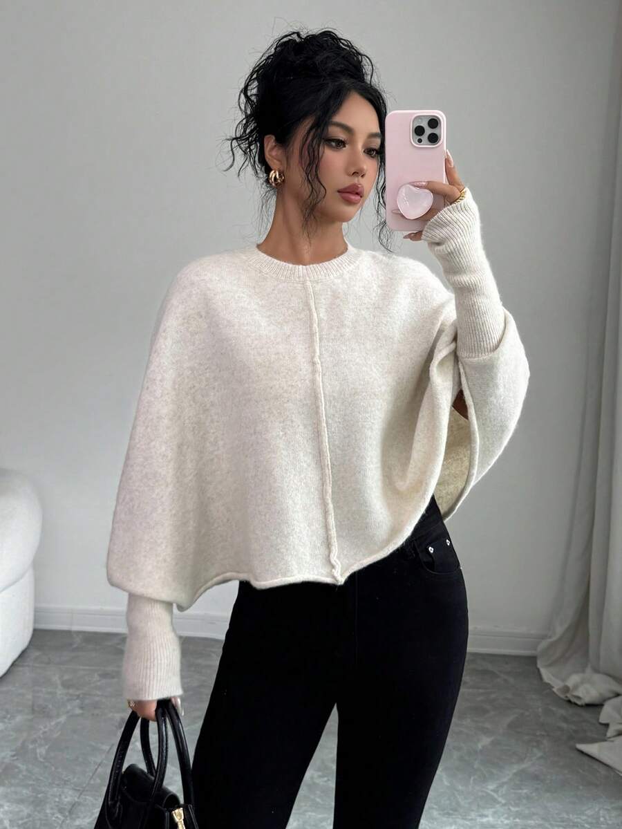 Elenzga Women's Autumn New Arrival Single Piece Round Neck Minimalist Elegant Short Knit Pullover Long Sleeve Sweater, Versatile For Daily Wear And Commuting - Apricot - View 1