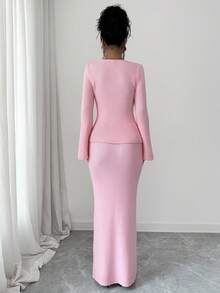 SHEIN Elenzya Women's Autumn/Winter Pink Knitted Sweater & Skirt 2-Piece Set, Light Pink New Chinese Style Frog Button Knitted Set, Gentle Minimalist Sexy Style, Early Spring Outfit For Dating, Spring Outing, Birthday, Flattering Flare Sleeve Cardigan, High Waist Wide Leg Long Skirt, Commuter Atmosphere, Bestselling Inner Layer, Women's Office Wear, Women's Commuter Set, Outdoor Outfit, Wearable Knitted Set - Baby Pink - View 2