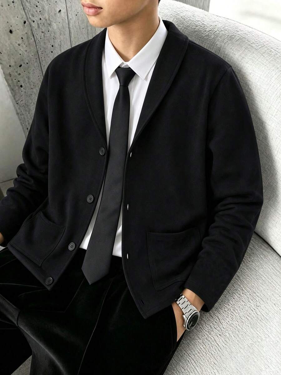 Teen Boys Black Casual Knit Cardigan Jacket With Shawl Collar, Single-Breasted Round Button Closure, Suitable For Daily Commute, Casual Outings, Layering And Inner Wear, All Seasons, Autumn - Black - View 1