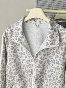 SHEIN 青少年女孩豹紋長袖拉鍊休閒夾克 春冬季 - 灰色 - 查看 5