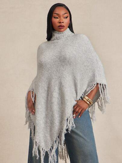 Radiana Plus Size Women's Autumn/Winter Fashion Elegant Casual Sexy High Neck Turn Collar Cape Shawl Top With Handmade Tassel Hem Decoration, Vintage