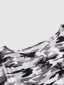 ROMWE Grunge Punk 迷彩布料設計不對稱肩開背露背寬鬆短版T恤 - 彩色 - 查看 3